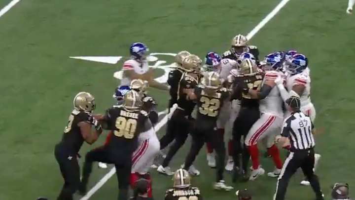 Saints and Giants Scuffle After Tommy DeVito Takes a Big Hit Saints and Giants Scuffle After Tommy DeVito Takes a Big Hit