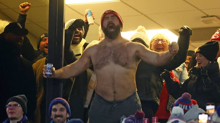 A Bare-Chested Jason Kelce Had Wildest Celebration After Travis Kelce's TD in Chiefs—Bills Playoff Game