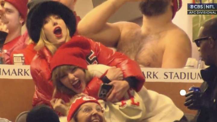 Cameras Caught a Topless Jason Kelce Casually Chugging a Beer Behind Taylor Swift, and Fans Loved It Cameras Caught a Topless Jason Kelce Casually Chugging a Beer Behind Taylor Swift, and Fans Loved It